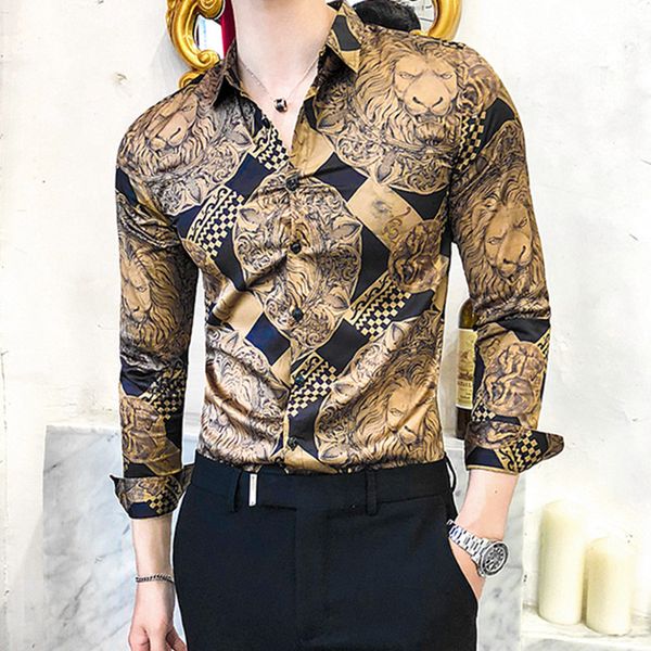 

autumn mens vintage printed dress shirt fashion man luxury slim fit social shirts casual men party night club long sleeve shirt 1022, White;black