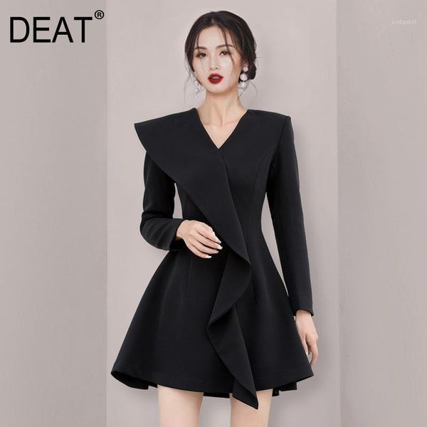 

deat] 2020 dress women's banquet temperament ruffle high waist slim full sleeve v collar office lady new autumn fashion am1011, Black;gray