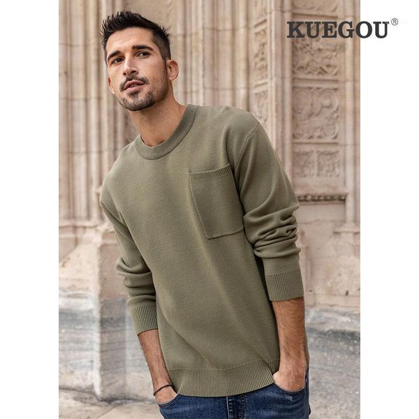 

kuegou 2021 spring plain green print pockets sweater men fashion pullover casual jumper male wear brand knitted clothes 260731, White;black