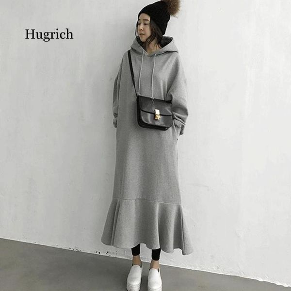 

stylish hoodie dress women korean vestido fleece warm sweatshirts long sleeve chic ruffle hooded loose midi dresses, Black;gray