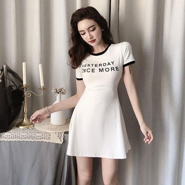 

women simple round collar short sleeve letter t-shirt slim mid-length casual dress drop shipping good quality, Black;gray