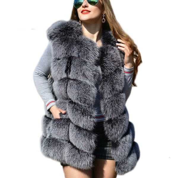 

faux sliver fox fur vest women winter fashion medium long artifical fox fur vests woman warm fake fox fur coats female ladies, Black