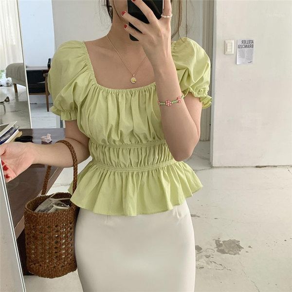

new 2020 girls square collar brief high waist vintage short shirts summer short sleeves all match slim blouses1, White