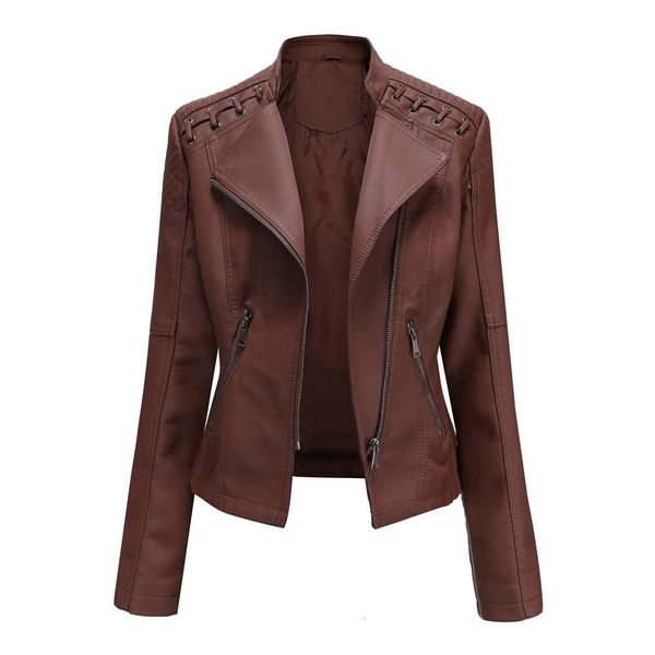 

2020 european new spring and autumn short slim thin leather jacket women's motorcycle suit, Black