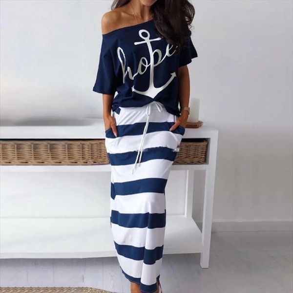 

summer boat anchor print stripe dress short sleeve off shoulder beach skirts and casual loose 2 piec o neck women, Gray