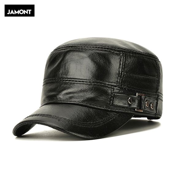 

berets jamont genuine leather hat autumn men's cowhide flat cap army hats adjustable middle-aged classic warm earmuffs caps, Blue;gray