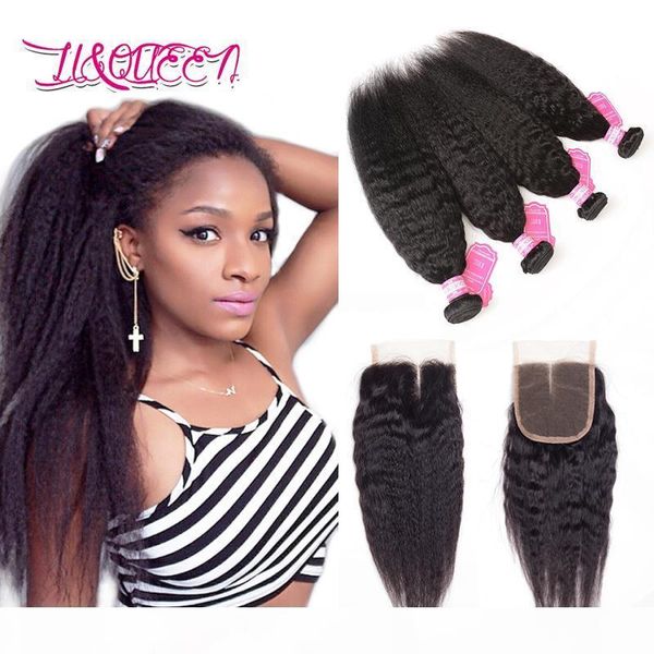 

mongolian virgin human hair tissage lace closure 4 bundles with lace closure human hair kinky straight weaves closure ing, Black;brown