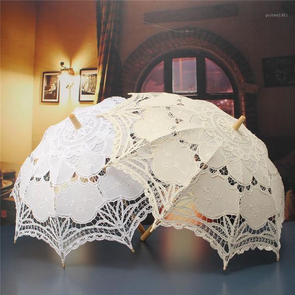 

fashion wedding umbrella cotton lace embroidery bridal umbrella white beige sun parasol prop decoration1