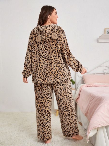 

plus leopard print pom pom & pants pajama set 16xu#, Black;white