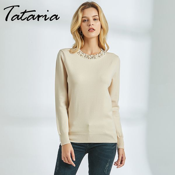 

tataria long sleeve pullover for women pearl beaded sweater jumpers women sweater with pearls knitting female solid slim sweater y200722, White;black