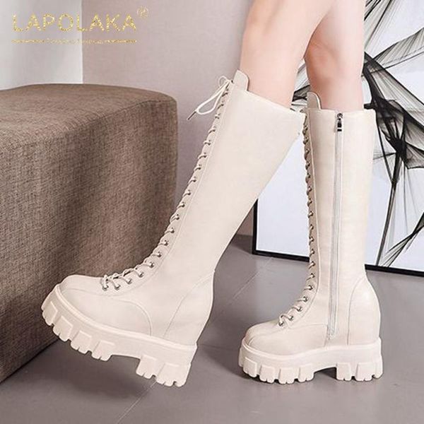 

boots lapolaka arrivals 2021 high heels comfortable motorcycle woman shoes platform zip up cross-tied knee, Black