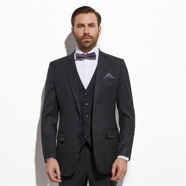 Slim Fit Koyu Kömür Gri Damat Ile Jakarlı Yelek Custom Made 3 Parça Düğün Takım Elbise Erkekler için Düğün Damat Smokin 201106