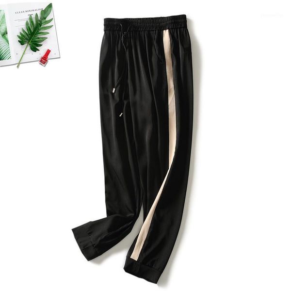 

women's pants & capris [ in summer] jinju summer elastic waist tie contrast color mulberry silk women's casual pants1, Black;white