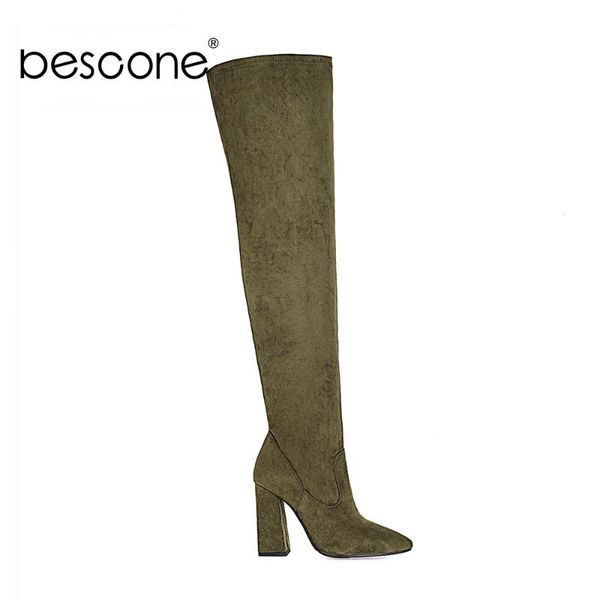 

bescone over-the-knee tight boots woman leopard pattern leather pointed toe super high square heel shoes bm623, Black