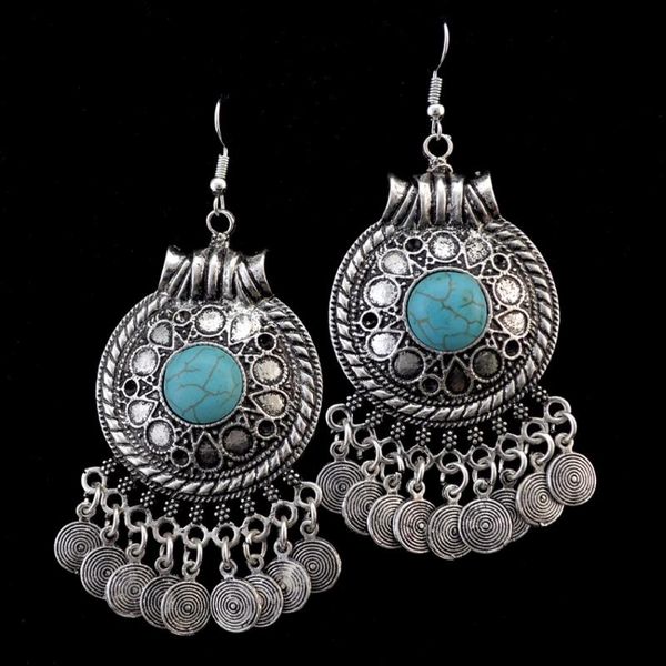 

dangle & chandelier idealway ethnic bohemian coin tassel drop earring antique gold color green stone tribal earrings brincos fashion jewelry, Silver