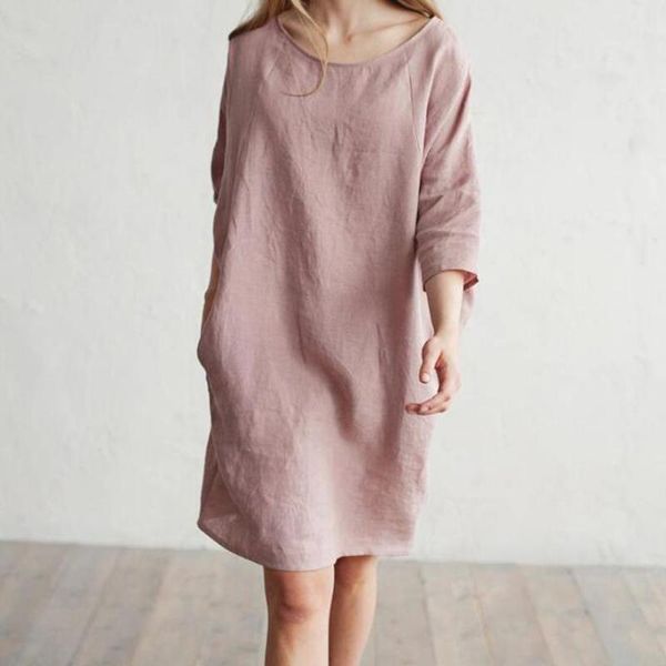 

women cotton linen shirt dress vintage 3/4 sleeve pocket casual loose kaftan dress solid plus size short party vestidos, Black;gray