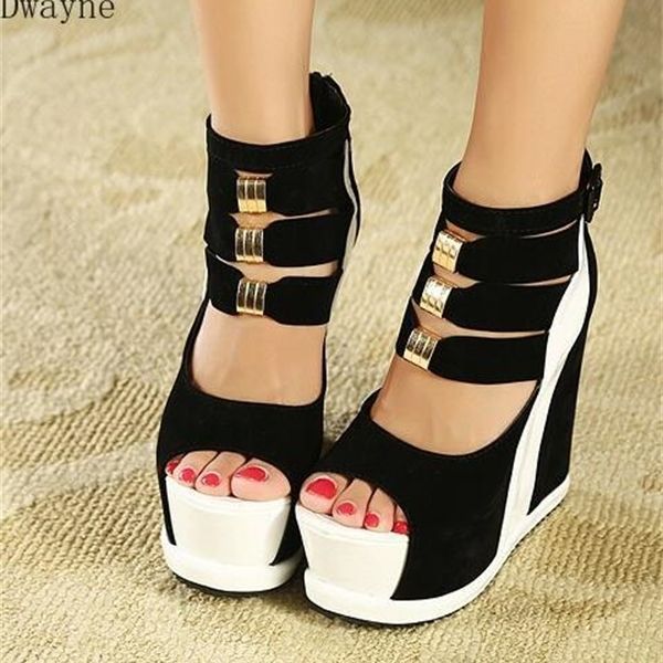 

woman shoes 2019 summer genuine women platform thick soles sandals wedges high heel 14cm peep toe mixed colors shoes, Black