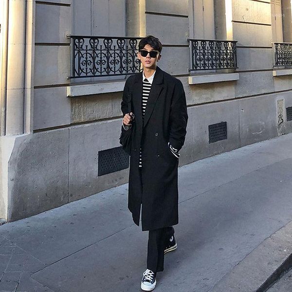 

2020 autumn and winter new youth popular korean loose solid color double-breasted trench coat fashionable casual black -2xl1, Tan;black