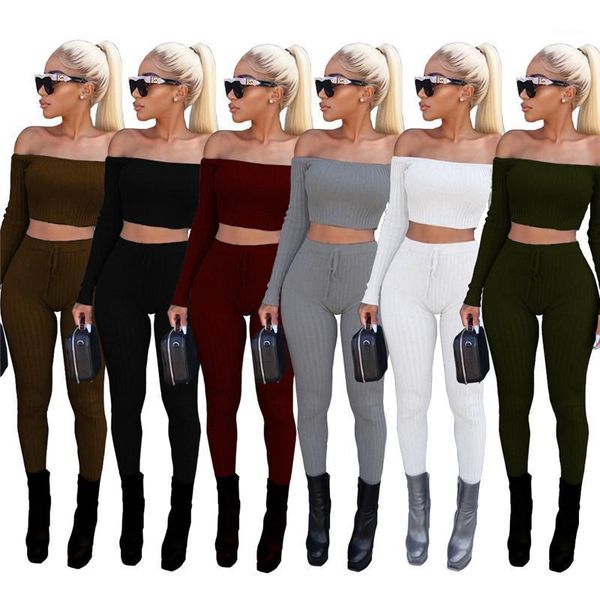 

kintted off shoulder two pieces set women long sleeve crop and slim pants sweat suits clubwear bodycon 2 piece outfits1, Gray