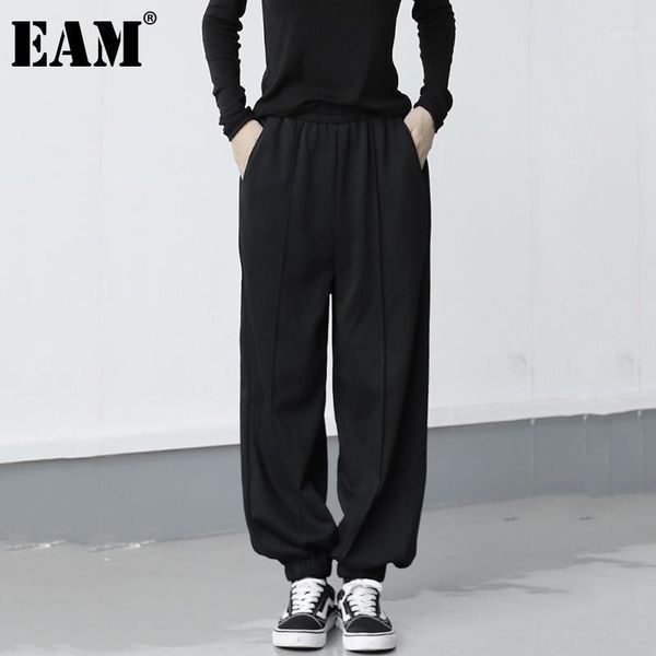 

eam] high waist black brief leisure long wide leg trousers new loose fit pants women fashion tide spring autumn 2020 1db7281, Black;white