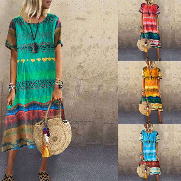 

2020 women's short sleeve printed crew neck dress, Black;gray