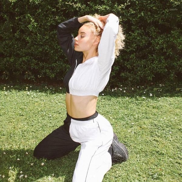 

2020 patchwork cropped jacket trouser 2 pieces set autumn winter women casual sporty tracksuit streetwear joggers outfits1, White