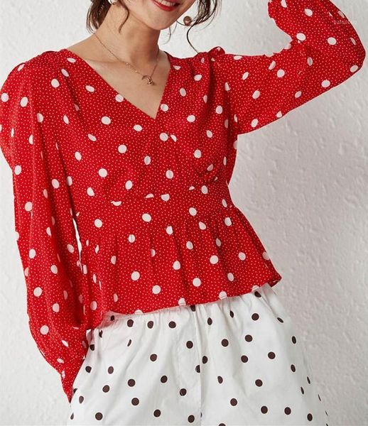 

polka dot v-neck red blouse women 2020 summer elastic sleeve ladies waist slim lace-up shirt wild stylish blouses and, White