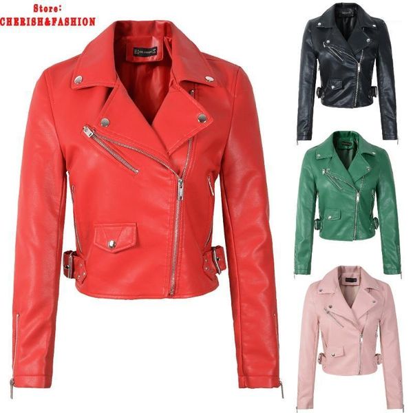 

2020 new fashion women autumn winter faux soft leather jackets & coats lady red white black pu zipper motorcycle streetwear