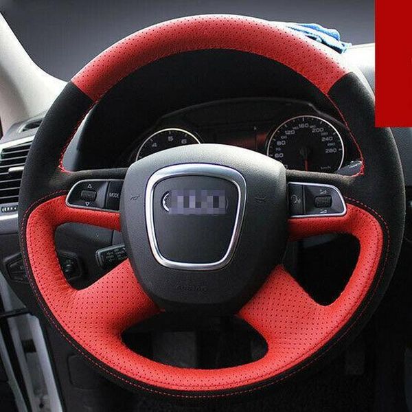 Coprivolante in pelle rossa nera cucita a mano fai-da-te per Audi Q5 Accessori per auto per tutte le stagioni antiscivolo