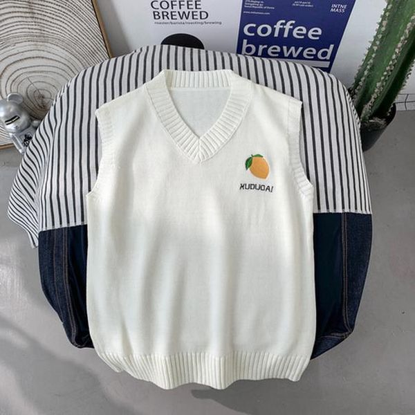 

sweater vest men cartoon embroidery stylish korean loose casual fashion sweaters teens fresh all match ins spring autumn v neck bbynqh, White;black
