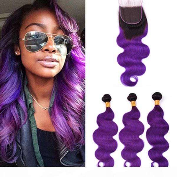 

ombre purple body wave hair bundles with closure brazilian human hair 3 bundles #1b purple ombre weave wefts with 4x4 lace closure, Black;brown