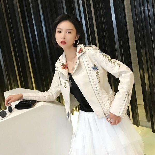 

punk women faux soft faux leather jacket embroidery floral leather jacket zipper pu motorcycle outerwear1, Black