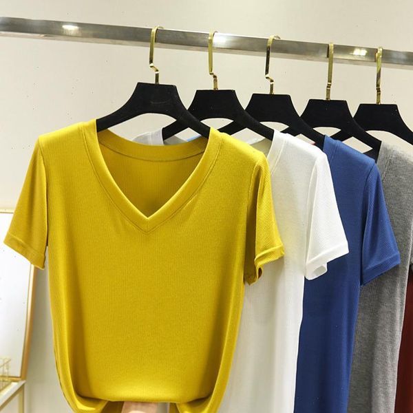 

chic casual cotton t shirt ribbed short sleeve women summer basic v neck t shirt plus size candy color t shirt tee, White