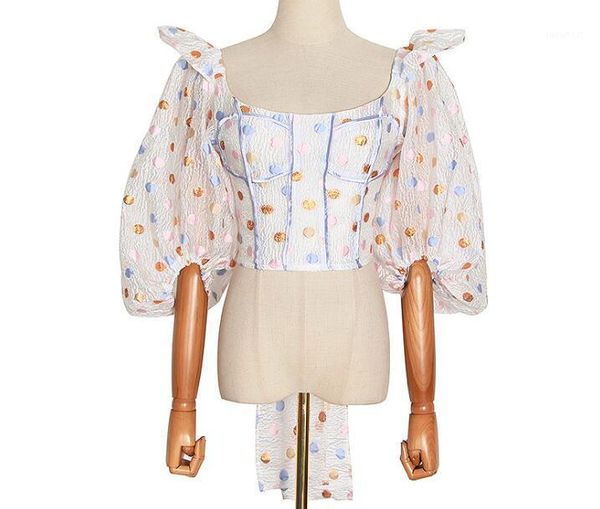 

designer new women blouse lantern sleeve square collar dot print shirt female fashion slim blouses street wear1, White