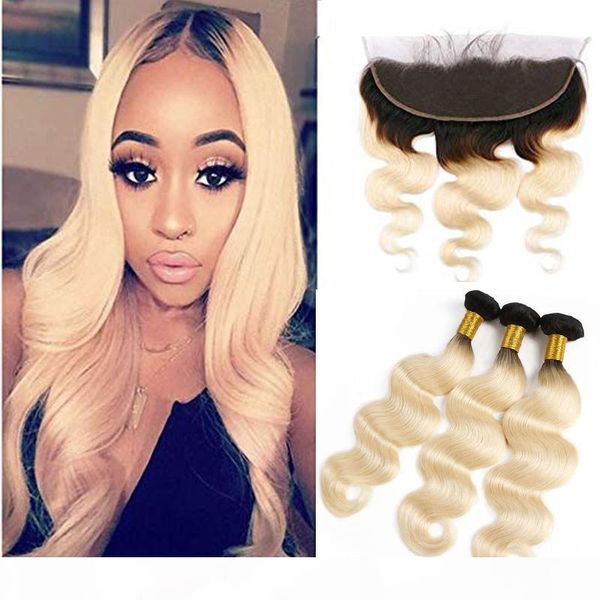 

класс 1b 613 ombre blonde связки с фронтальным body weave 13 * 4 уха до уха закрытие бразильского деве человеческих волос 3 связки, Black;brown