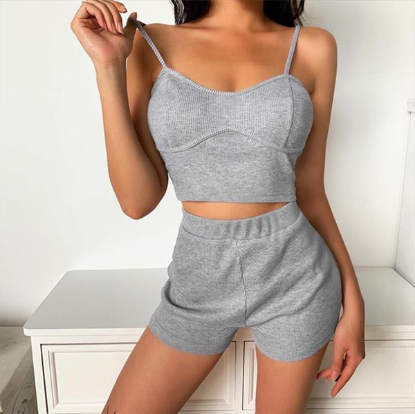 

women fitness tracksuit outfits solid and shorts 2pcs sling crop shorts pants bodycon stretch sleepwear clothing summer, Gray