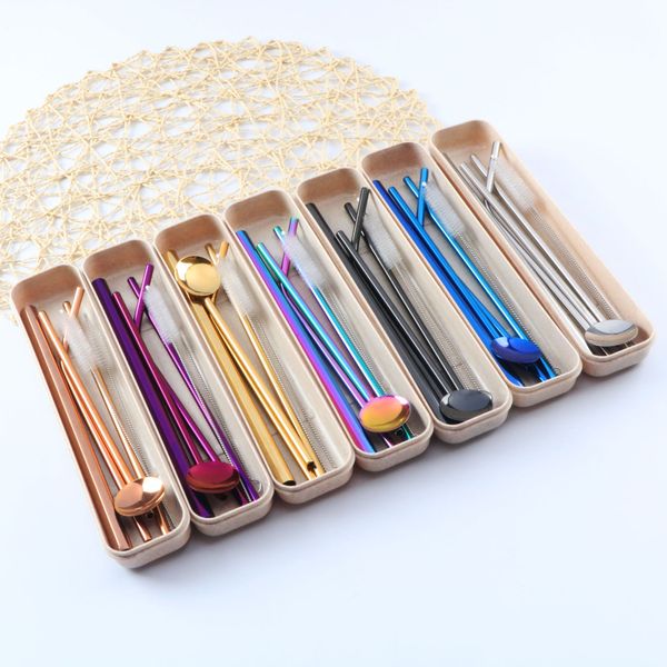 

reusable stainless steel straw set convenient straw spoon clean brush wheat box set of 6 pieces dhl freight