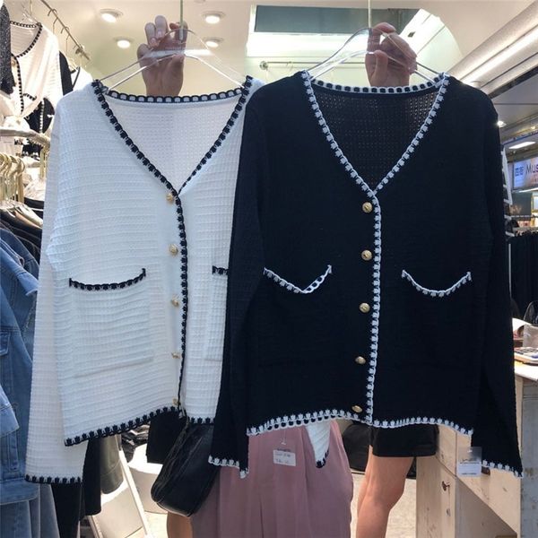

2020 autumn new korean version of small fragrance high waist slim short single breasted knitted coat sweater cardigan jacket sweater for wom, White;black