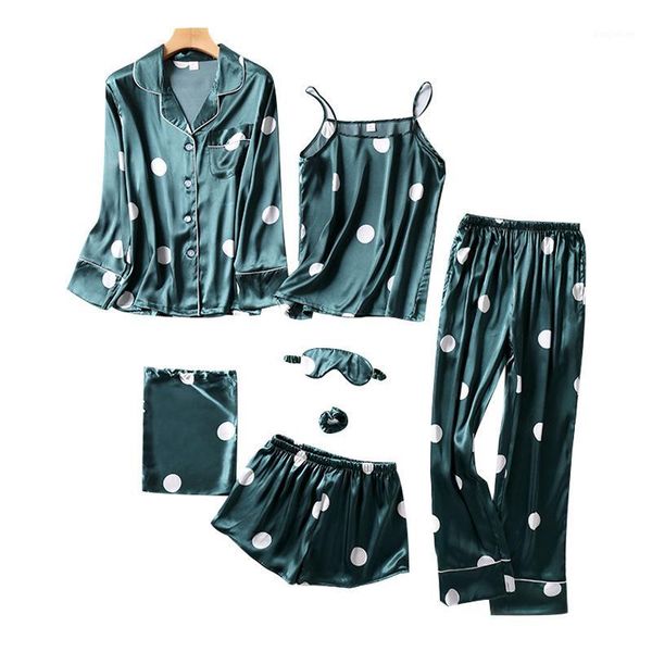 

youest good quality women 7pcs set silk pajamas1, Black;red