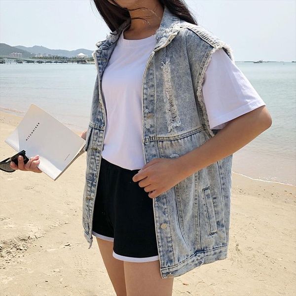 

new women denim vest coat size open stitch hole vintage sleeveless vest jacket women vests denim cotton waist coat clothing, Black;white
