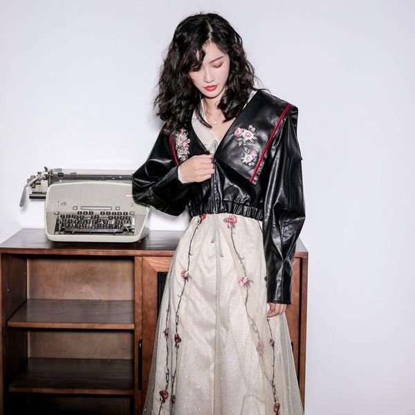 

women's leather & faux spring autumn women pu blouses black short basic coat turn-down collar embroidered moto biker jacket y610