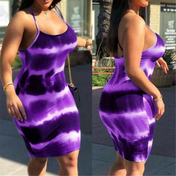 

new 2021 casual women's printed sleeveless strappy tie dyeing midi dress bodycon tube plus size sexy, Black;gray