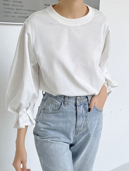 

dazy flounce sleeve solid tee 70kh#, White