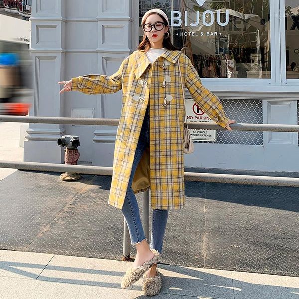 

new women autumn winter yellow plaid double breasted woolen coats loose plus size warm thicken long parkas girl new overcoats1, Black