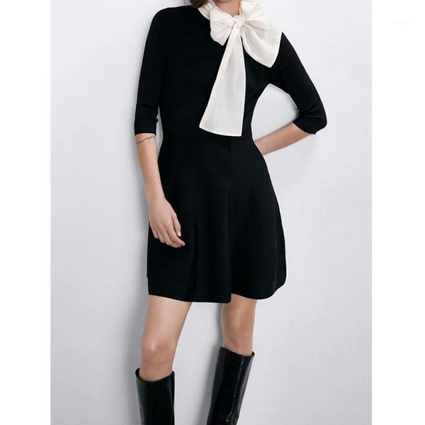 

casual bow collar dresses women solid three quarter mini dresses elegant party gown woman clothing dress female ladies clothing1, Black;gray