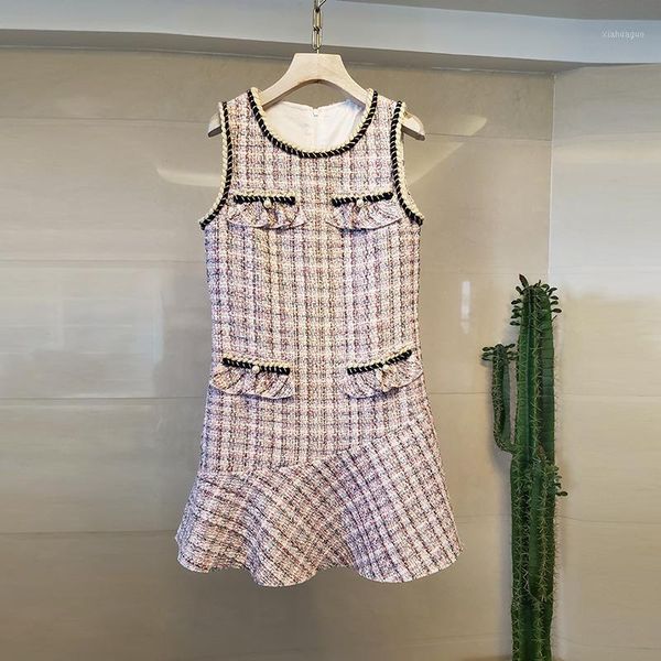 

autumn winter plaid tweed dress women's sleeveless round collar pearls weave ruffles tank dress female woolen mermaid mini1, Black;gray