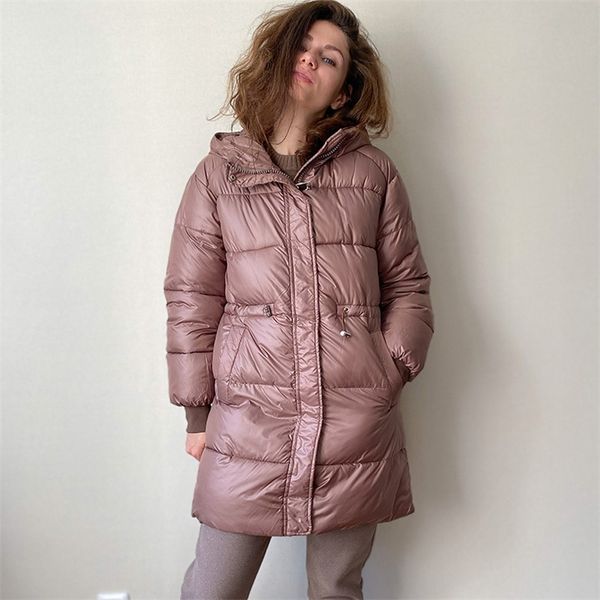 Kış Kadın Uzun Parkas Coat Moda Ince Kalınlaşmak Sıcak Yastıklı Ceketler Ceket Kadın Katı Uzun Kapüşonlu Dış Giyim Kar Ceket 201103