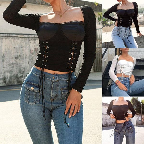 

brand new 2019 women fashion summer spring retro crop bandage summer long sleeve cropped ladies lace-up shirt1, White