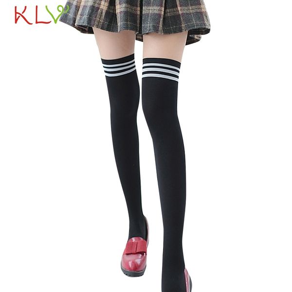 

klv 1 pair fashion thigh over knee high socks for girls womens students striped cotton long stockings calcetines mujer, Red;black