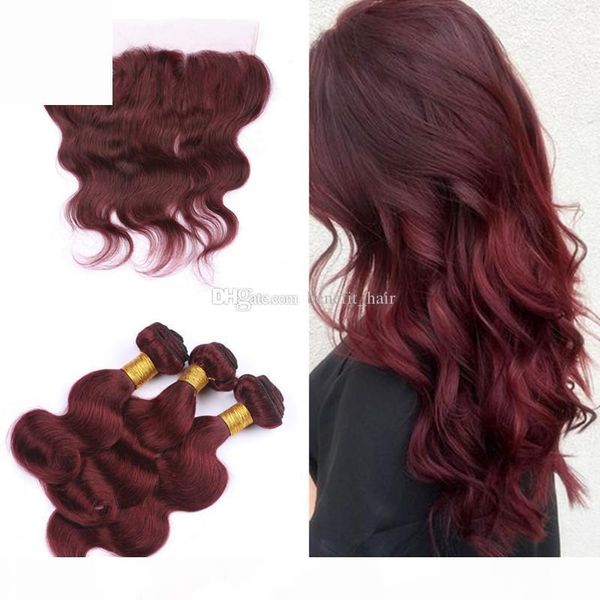 

burgundy 99j brazilian virgin human hair 3bundles with lace frontal part body wave wavy hair extensions with lace frontal 13x4, Black;brown
